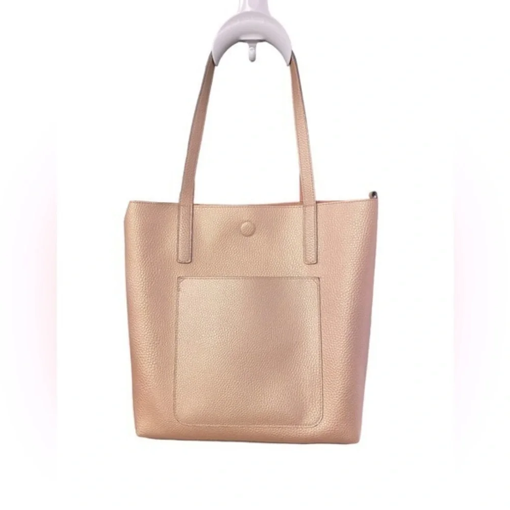 Rose metallic pink faux leather medium size shoulder tote bag w pink inside EUC